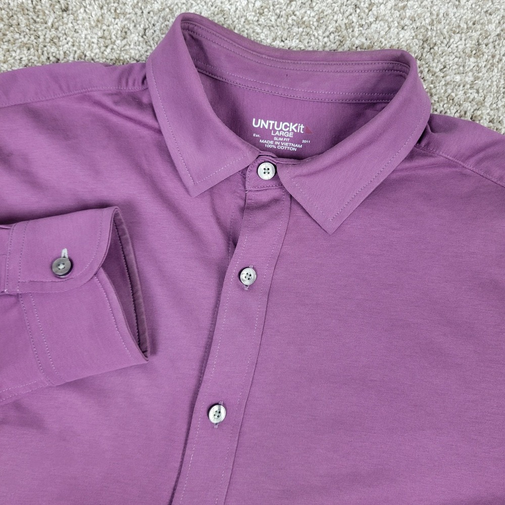 Untuckit Slim Fit Mens Large Solid Purple Stretch Knit Button Up Long Sleeve